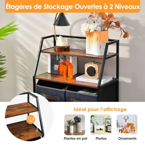 Commode Chambre 4 Tiroirs en Tissu, Meuble de Rangement Industriel avec 2 Étagères Kit Anti-basculement Inclus 58x29x100cm