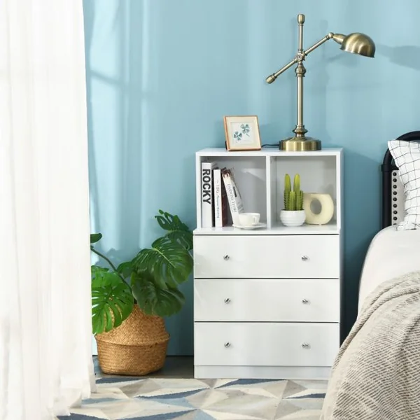 Commode Chambre Adulte avec 3 Tiroirs 2 Compartiments Meuble de Rangement en Bois pour Chambre Salon Entrée 60 x 40 x 94 cm Blanc
