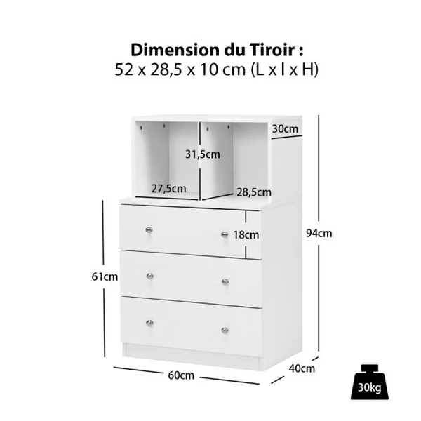 Commode Chambre Adulte avec 3 Tiroirs 2 Compartiments Meuble de Rangement en Bois pour Chambre Salon Entrée 60 x 40 x 94 cm Blanc