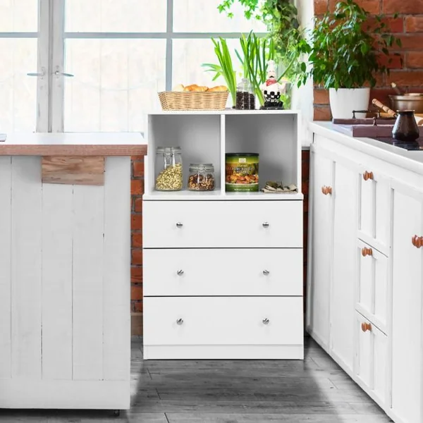 Commode Chambre Adulte avec 3 Tiroirs 2 Compartiments Meuble de Rangement en Bois pour Chambre Salon Entrée 60 x 40 x 94 cm Blanc