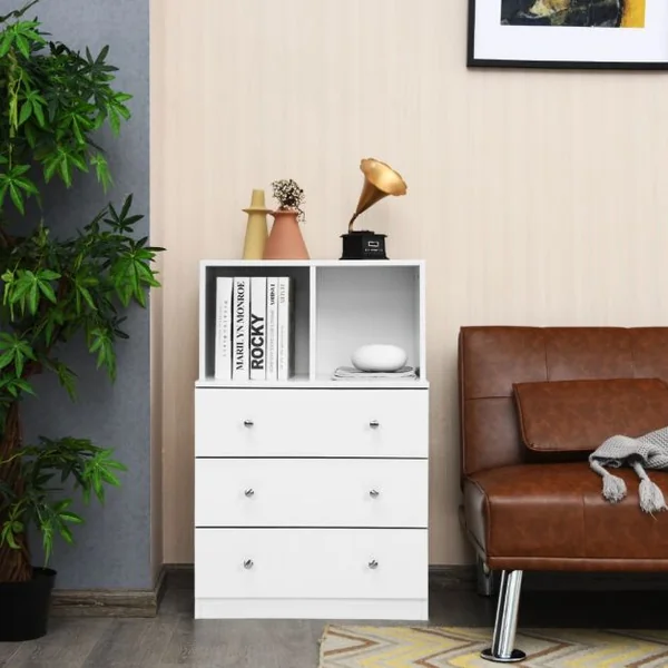 Commode Chambre Adulte avec 3 Tiroirs 2 Compartiments Meuble de Rangement en Bois pour Chambre Salon Entrée 60 x 40 x 94 cm Blanc