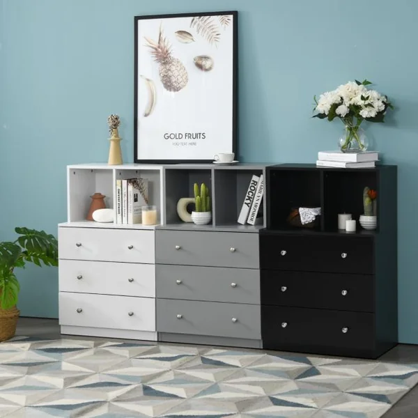 Commode Chambre Adulte avec 3 Tiroirs 2 Compartiments Meuble de Rangement en Bois pour Chambre Salon Entrée 60 x 40 x 94 cm Blanc