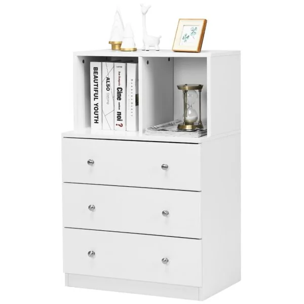 Commode Chambre Adulte avec 3 Tiroirs 2 Compartiments Meuble de Rangement en Bois pour Chambre Salon Entrée 60 x 40 x 94 cm Blanc