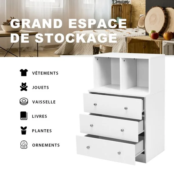 Commode Chambre Adulte avec 3 Tiroirs 2 Compartiments Meuble de Rangement en Bois pour Chambre Salon Entrée 60 x 40 x 94 cm Blanc