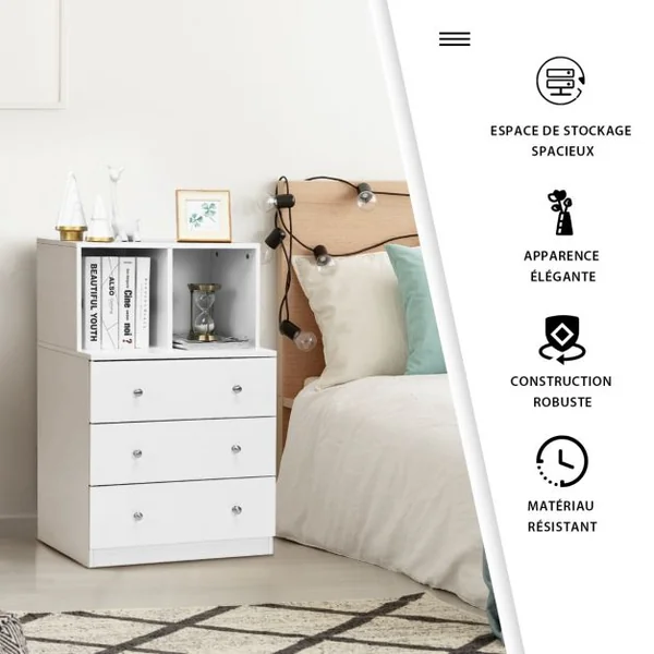 Commode Chambre Adulte avec 3 Tiroirs 2 Compartiments Meuble de Rangement en Bois pour Chambre Salon Entrée 60 x 40 x 94 cm Blanc