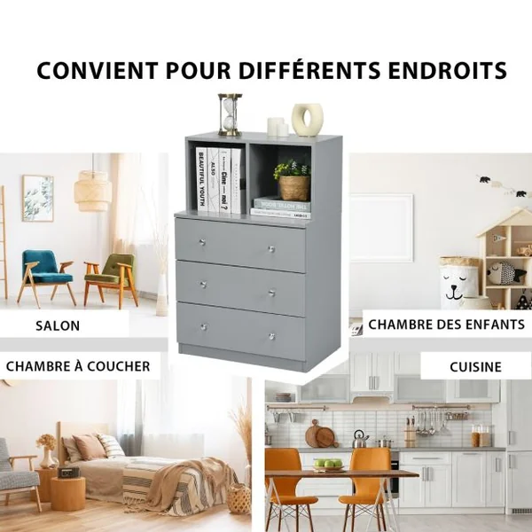 Commode Chambre Adulte avec 3 Tiroirs 2 Compartiments Meuble de Rangement en Bois pour Chambre Salon Entrée 60 x 40 x 94 cm Gris