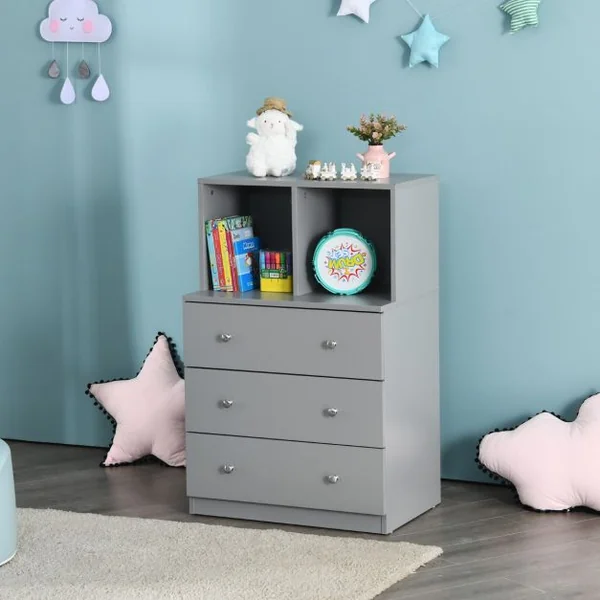 Commode Chambre Adulte avec 3 Tiroirs 2 Compartiments Meuble de Rangement en Bois pour Chambre Salon Entrée 60 x 40 x 94 cm Gris