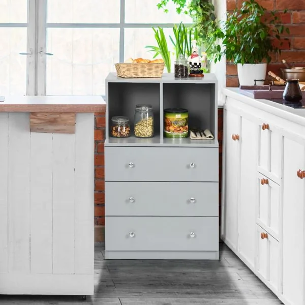 Commode Chambre Adulte avec 3 Tiroirs 2 Compartiments Meuble de Rangement en Bois pour Chambre Salon Entrée 60 x 40 x 94 cm Gris