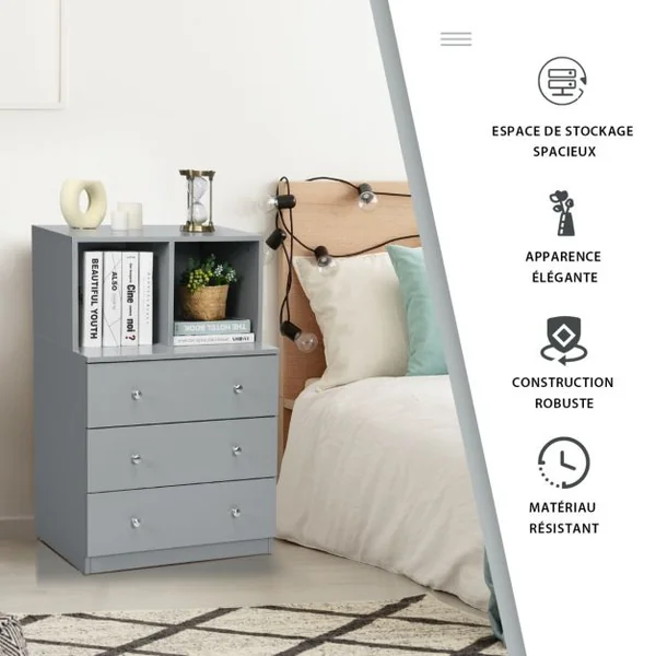 Commode Chambre Adulte avec 3 Tiroirs 2 Compartiments Meuble de Rangement en Bois pour Chambre Salon Entrée 60 x 40 x 94 cm Gris