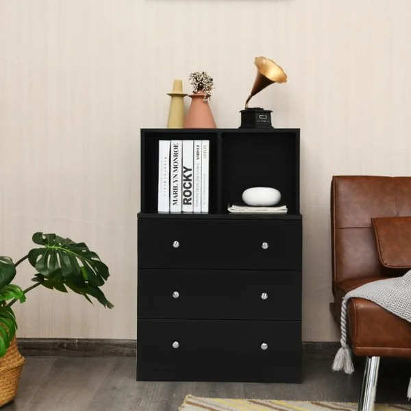 Commode Chambre Adulte avec 3 Tiroirs 2 Compartiments Meuble de Rangement en Bois pour Chambre Salon Entrée 60 x 40 x 94 cm Noir