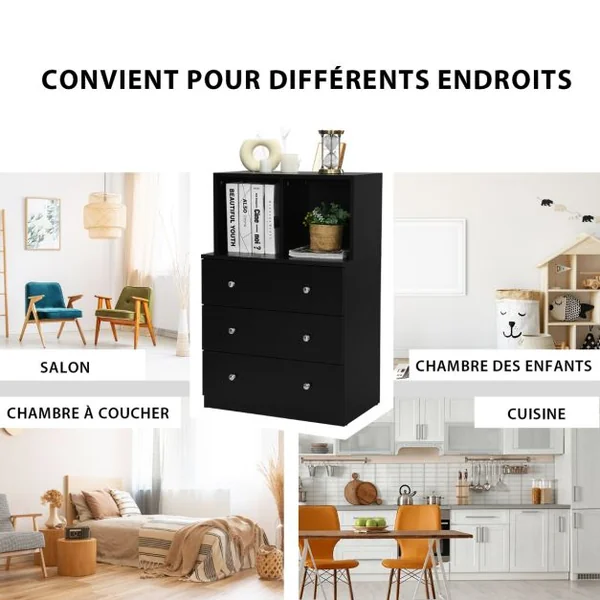 Commode Chambre Adulte avec 3 Tiroirs 2 Compartiments Meuble de Rangement en Bois pour Chambre Salon Entrée 60 x 40 x 94 cm Noir