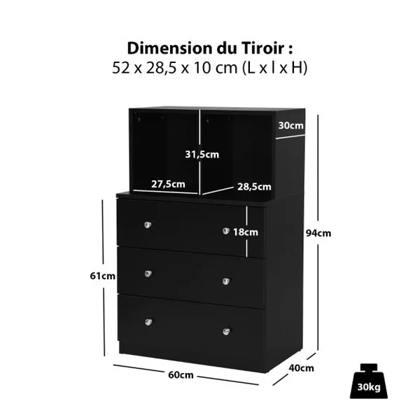 Commode Chambre Adulte avec 3 Tiroirs 2 Compartiments Meuble de Rangement en Bois pour Chambre Salon Entrée 60 x 40 x 94 cm Noir
