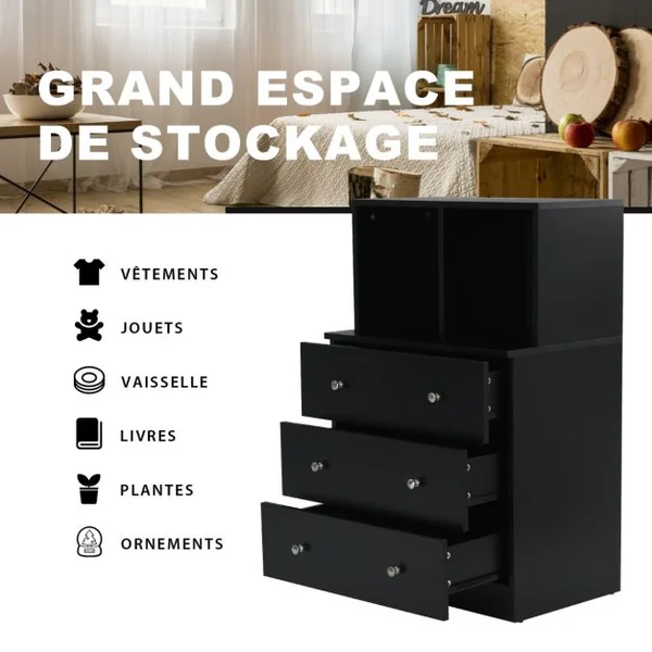 Commode Chambre Adulte avec 3 Tiroirs 2 Compartiments Meuble de Rangement en Bois pour Chambre Salon Entrée 60 x 40 x 94 cm Noir