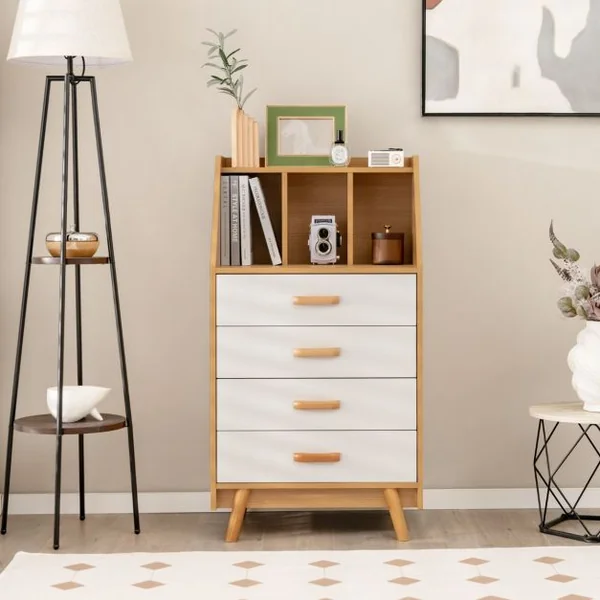 Commode en Bois avec 4 Tiroirs et Étagère de Rangement Anti-basculement Glissière Tampon en Métal 60 x 40 x 110 cm