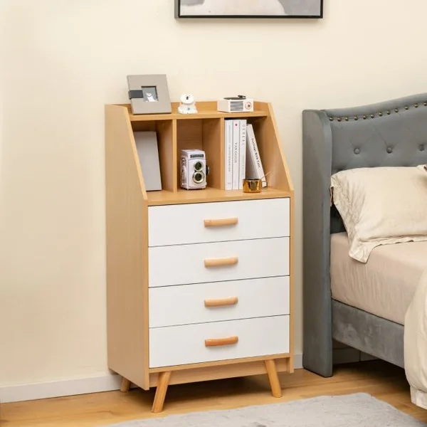 Commode en Bois avec 4 Tiroirs et Étagère de Rangement Anti-basculement Glissière Tampon en Métal 60 x 40 x 110 cm