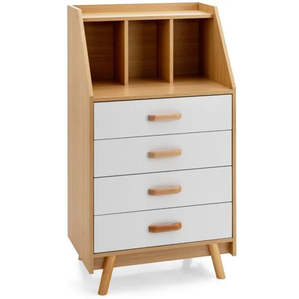 Commode en Bois avec 4 Tiroirs et Étagère de Rangement Anti-basculement Glissière Tampon en Métal 60 x 40 x 110 cm