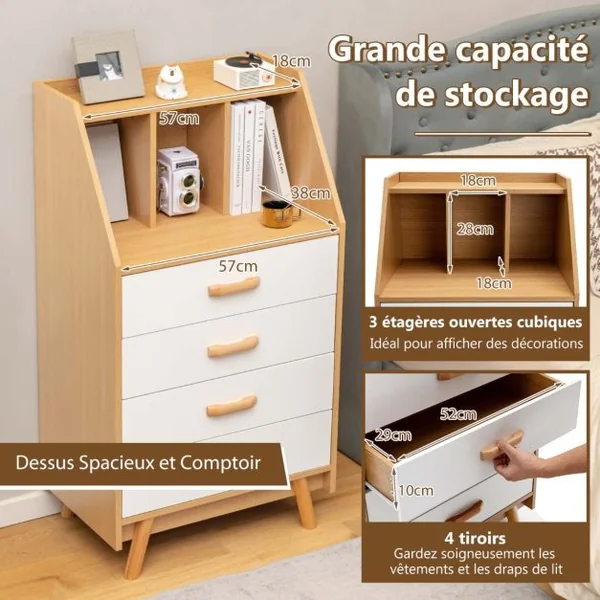 Commode en Bois avec 4 Tiroirs et Étagère de Rangement Anti-basculement Glissière Tampon en Métal 60 x 40 x 110 cm