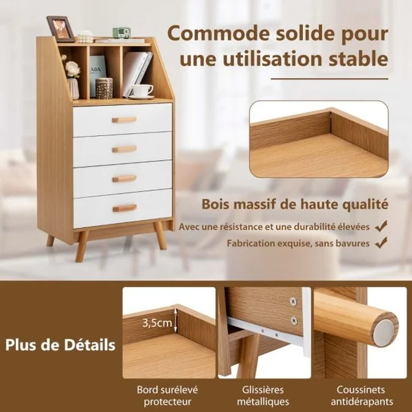 Commode en Bois avec 4 Tiroirs et Étagère de Rangement Anti-basculement Glissière Tampon en Métal 60 x 40 x 110 cm
