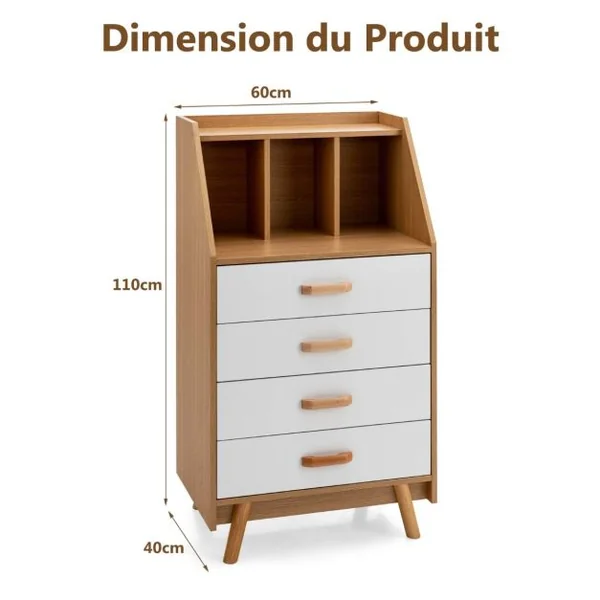 Commode en Bois avec 4 Tiroirs et Étagère de Rangement Anti-basculement Glissière Tampon en Métal 60 x 40 x 110 cm