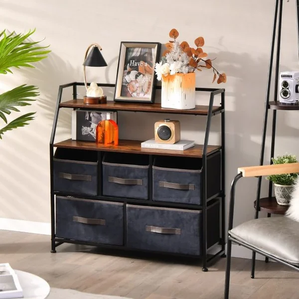 Commode en Tissu avec 5 Tiroirs 2 Étagères Commode meuble de rangement Cadre en Métal pour Salon Entrée 84 x 30 x 85 cm