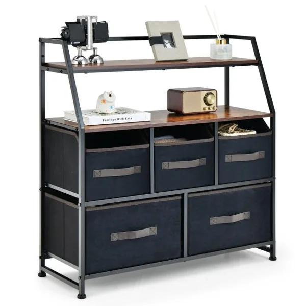 Commode en Tissu avec 5 Tiroirs 2 Étagères Commode meuble de rangement Cadre en Métal pour Salon Entrée 84 x 30 x 85 cm