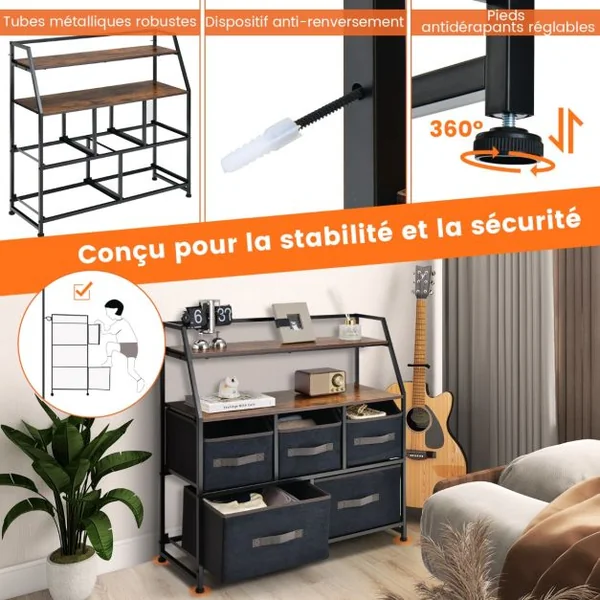 Commode en Tissu avec 5 Tiroirs 2 Étagères Commode meuble de rangement Cadre en Métal pour Salon Entrée 84 x 30 x 85 cm