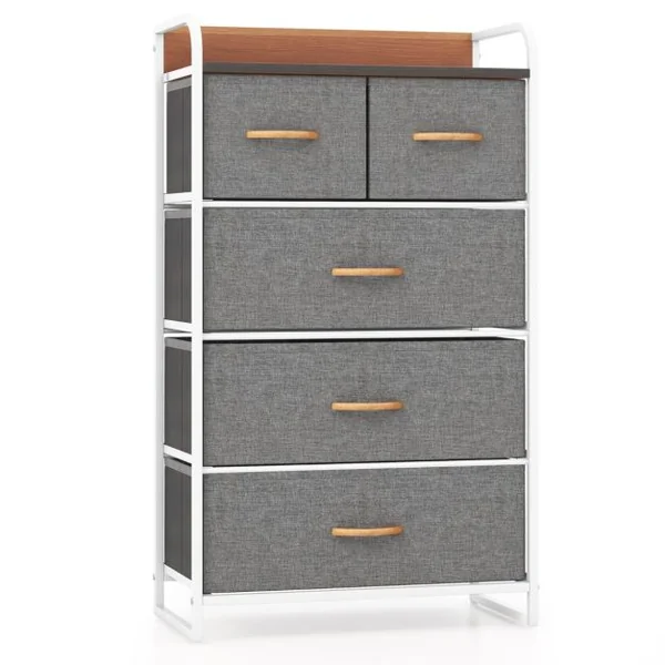 Commode en Tissu avec 5 Tiroirs Pliables Cadre en Fer 58x29x99,5 CM pour Couloir Chambre à Coucher et Chambre d'Enfant Gris