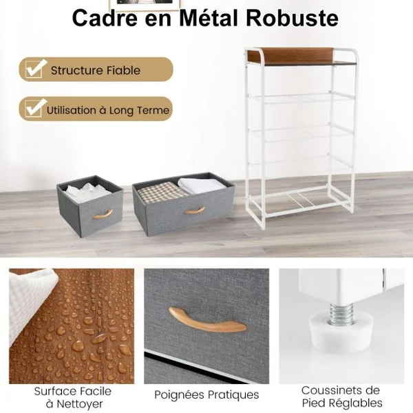 Commode en Tissu avec 5 Tiroirs Pliables Cadre en Fer 58x29x99,5 CM pour Couloir Chambre à Coucher et Chambre d'Enfant Gris