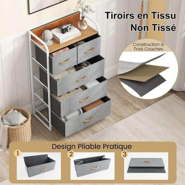 Commode en Tissu avec 5 Tiroirs Pliables Cadre en Fer 58x29x99,5 CM pour Couloir Chambre à Coucher et Chambre d'Enfant Gris