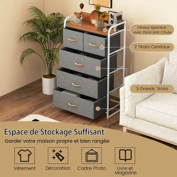 Commode en Tissu avec 5 Tiroirs Pliables Cadre en Fer 58x29x99,5 CM pour Couloir Chambre à Coucher et Chambre d'Enfant Gris