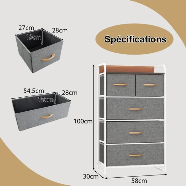 Commode en Tissu avec 5 Tiroirs Pliables Cadre en Fer 58x29x99,5 CM pour Couloir Chambre à Coucher et Chambre d'Enfant Gris