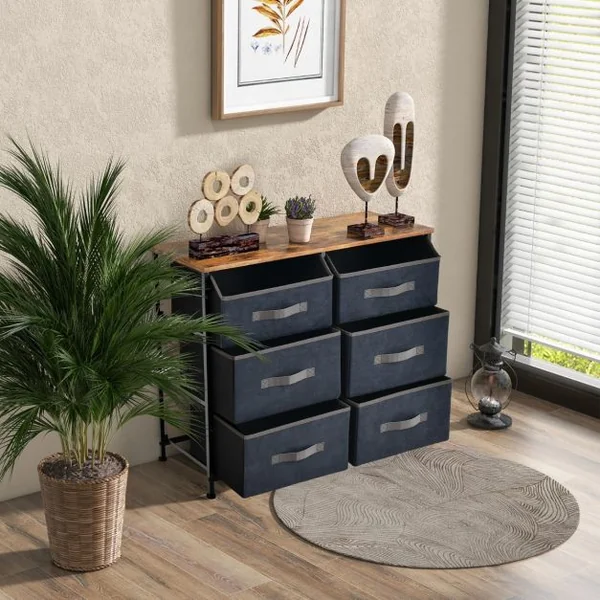 Commode en Tissu avec 6 Tiroirs Étagère Commode meuble de rangement Cadre en Métal pour Salon Entrée 80 x 30 x 71cm