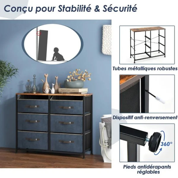 Commode en Tissu avec 6 Tiroirs Étagère Commode meuble de rangement Cadre en Métal pour Salon Entrée 80 x 30 x 71cm