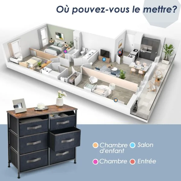 Commode en Tissu avec 6 Tiroirs Étagère Commode meuble de rangement Cadre en Métal pour Salon Entrée 80 x 30 x 71cm