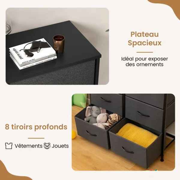 Commode en Tissu Organiseur de Rangement pour Vêtements avec 8 Tiroirs Commode Multifonctionnelle avec Kits Anti-basculement Noir