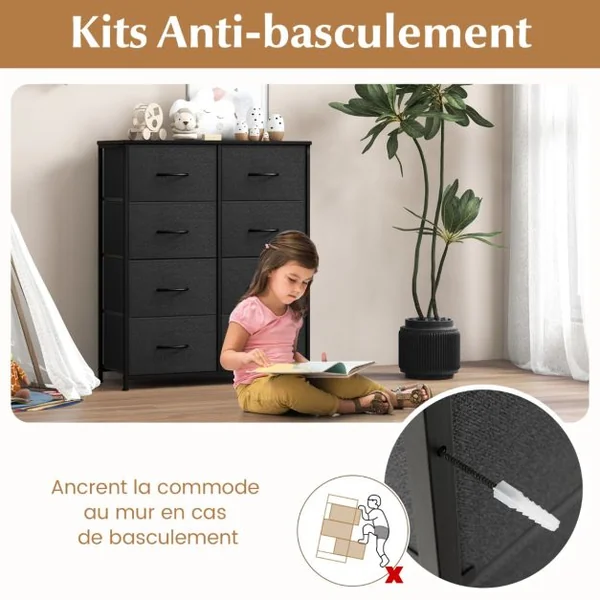 Commode en Tissu Organiseur de Rangement pour Vêtements avec 8 Tiroirs Commode Multifonctionnelle avec Kits Anti-basculement Noir