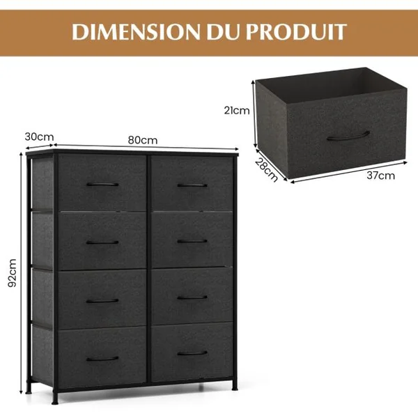 Commode en Tissu Organiseur de Rangement pour Vêtements avec 8 Tiroirs Commode Multifonctionnelle avec Kits Anti-basculement Noir