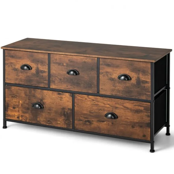 Commode Meuble de Rangement avec 5 Tiroirs Non-Tissés 100 x 30 x 54 cm Cadre en Métal Surface en MDF Marron Rustique&Noir