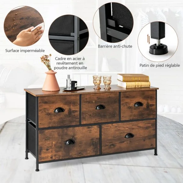 Commode Meuble de Rangement avec 5 Tiroirs Non-Tissés 100 x 30 x 54 cm Cadre en Métal Surface en MDF Marron Rustique&Noir