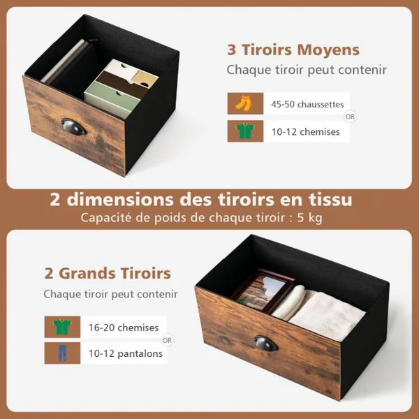Commode Meuble de Rangement avec 5 Tiroirs Non-Tissés 100 x 30 x 54 cm Cadre en Métal Surface en MDF Marron Rustique&Noir