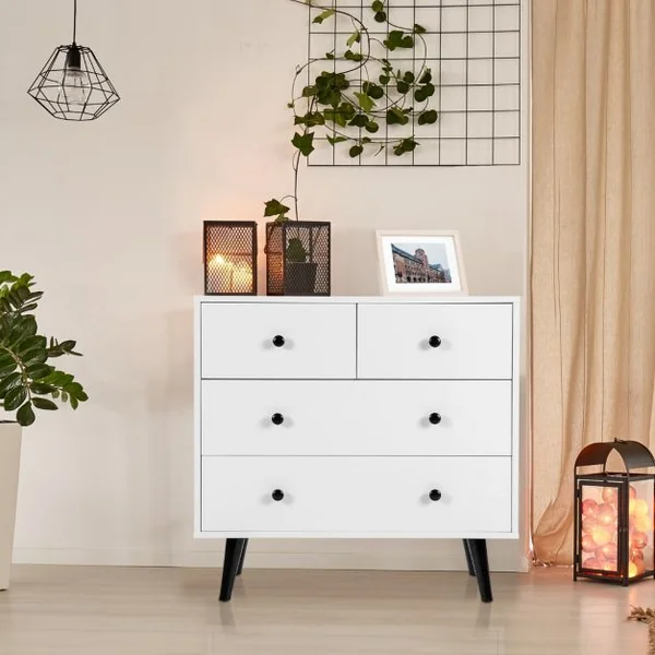 Commode Moderne à 4 Tiroirs Commode de Rangement en Bois avec Kits Anti-renversement Organisateur de Rangement Utilitaire Blanc