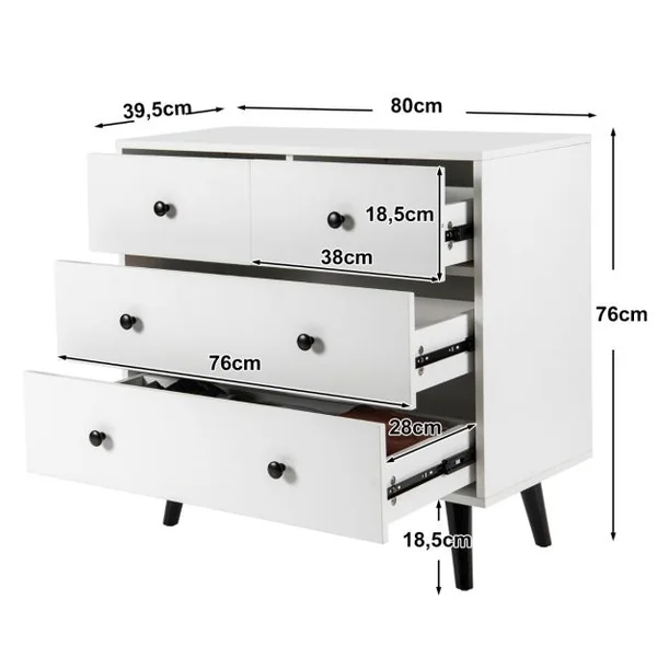 Commode Moderne à 4 Tiroirs Commode de Rangement en Bois avec Kits Anti-renversement Organisateur de Rangement Utilitaire Blanc