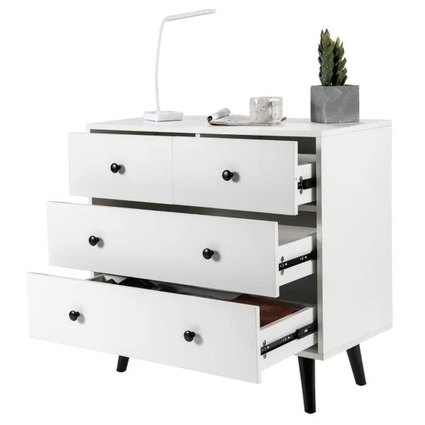 Commode Moderne à 4 Tiroirs Commode de Rangement en Bois avec Kits Anti-renversement Organisateur de Rangement Utilitaire Blanc