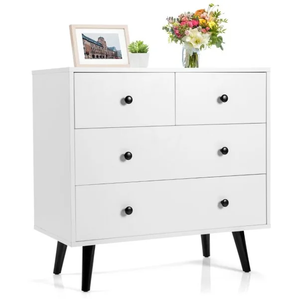 Commode Moderne à 4 Tiroirs Commode de Rangement en Bois avec Kits Anti-renversement Organisateur de Rangement Utilitaire Blanc