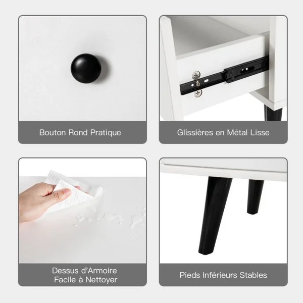 Commode Moderne à 4 Tiroirs Commode de Rangement en Bois avec Kits Anti-renversement Organisateur de Rangement Utilitaire Blanc