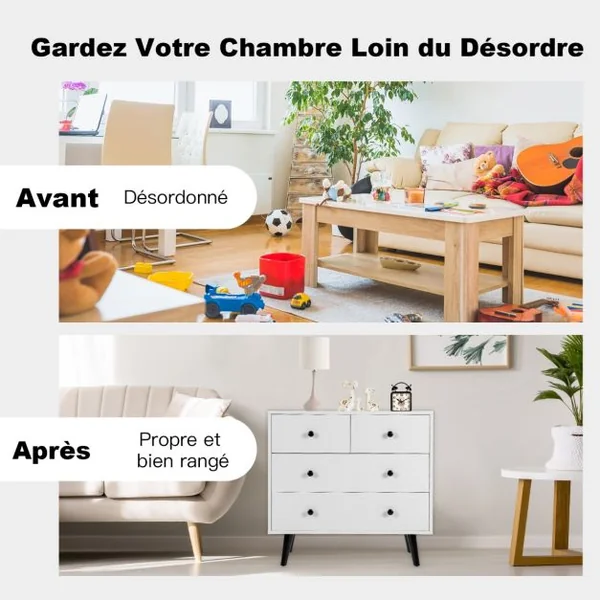 Commode Moderne à 4 Tiroirs Commode de Rangement en Bois avec Kits Anti-renversement Organisateur de Rangement Utilitaire Blanc