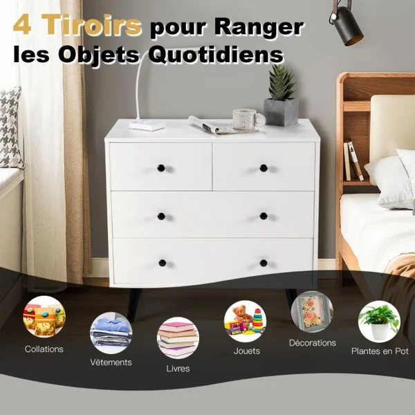 Commode Moderne à 4 Tiroirs Commode de Rangement en Bois avec Kits Anti-renversement Organisateur de Rangement Utilitaire Blanc