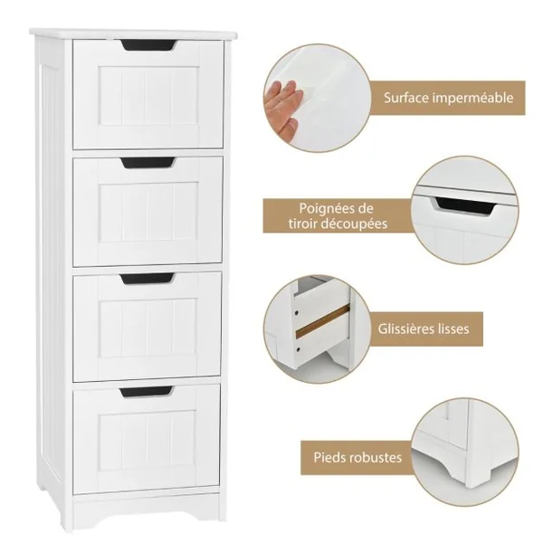 Commode Salle de Bain 4 Tiroirs Meuble Salle de Bain Blanc Meuble de Rangement Kit Anti-renversement Inclus Blanc