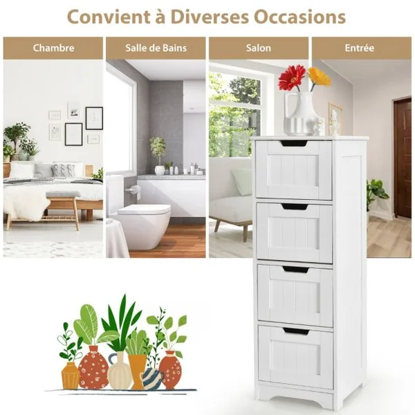 Commode Salle de Bain 4 Tiroirs Meuble Salle de Bain Blanc Meuble de Rangement Kit Anti-renversement Inclus Blanc