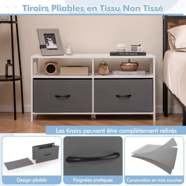 Commode à 2 Tiroirs Tissu 2 Étagères Ouvertes Meuble de Rangement de Chambre Salon Couloirs Entrées 100 x 30 x 53 cm Blanc